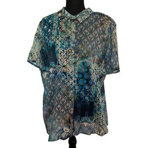 Johnny Was Workshop Colorful Button Down Shirt Sheer Patterned Plus Size 1X